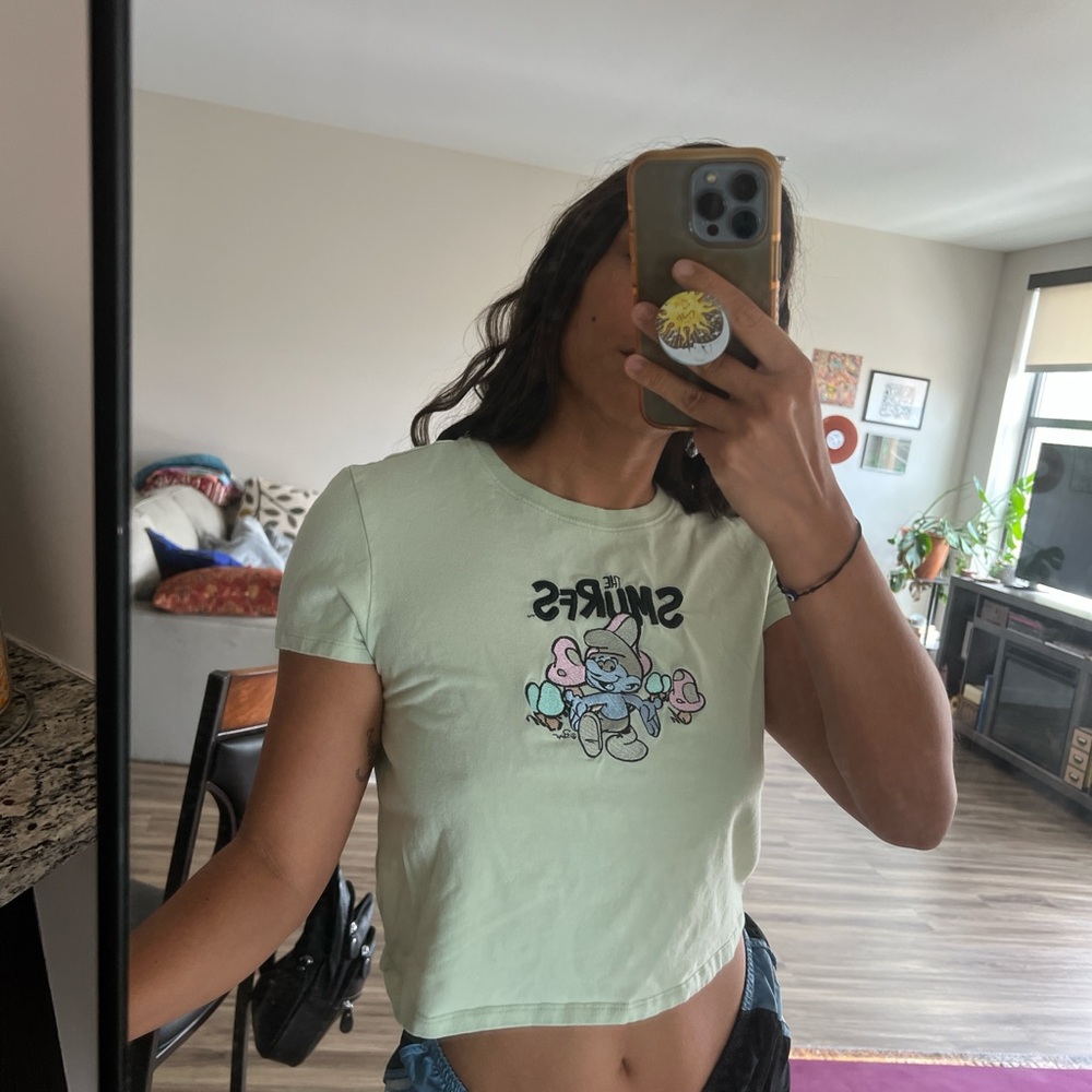 vintage pastel green embroidered Smurf cropped baby tee